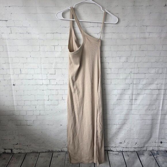 Aerie One Shoulder Ribbed Midi Dress Size XS Beige Slit Summer Stretch Bodycon - Picture 5 of 8